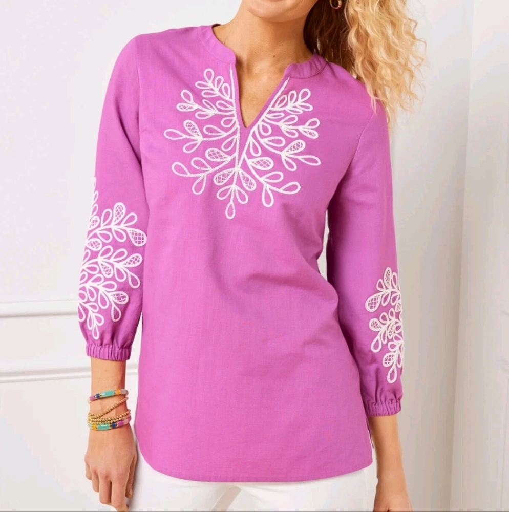 Talbots Embroidered Linen Cotton Tunic  L Mauve Berry